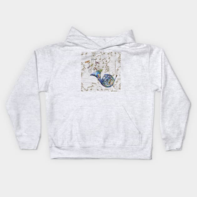 Happy French Horn Kids Hoodie by Zodiart